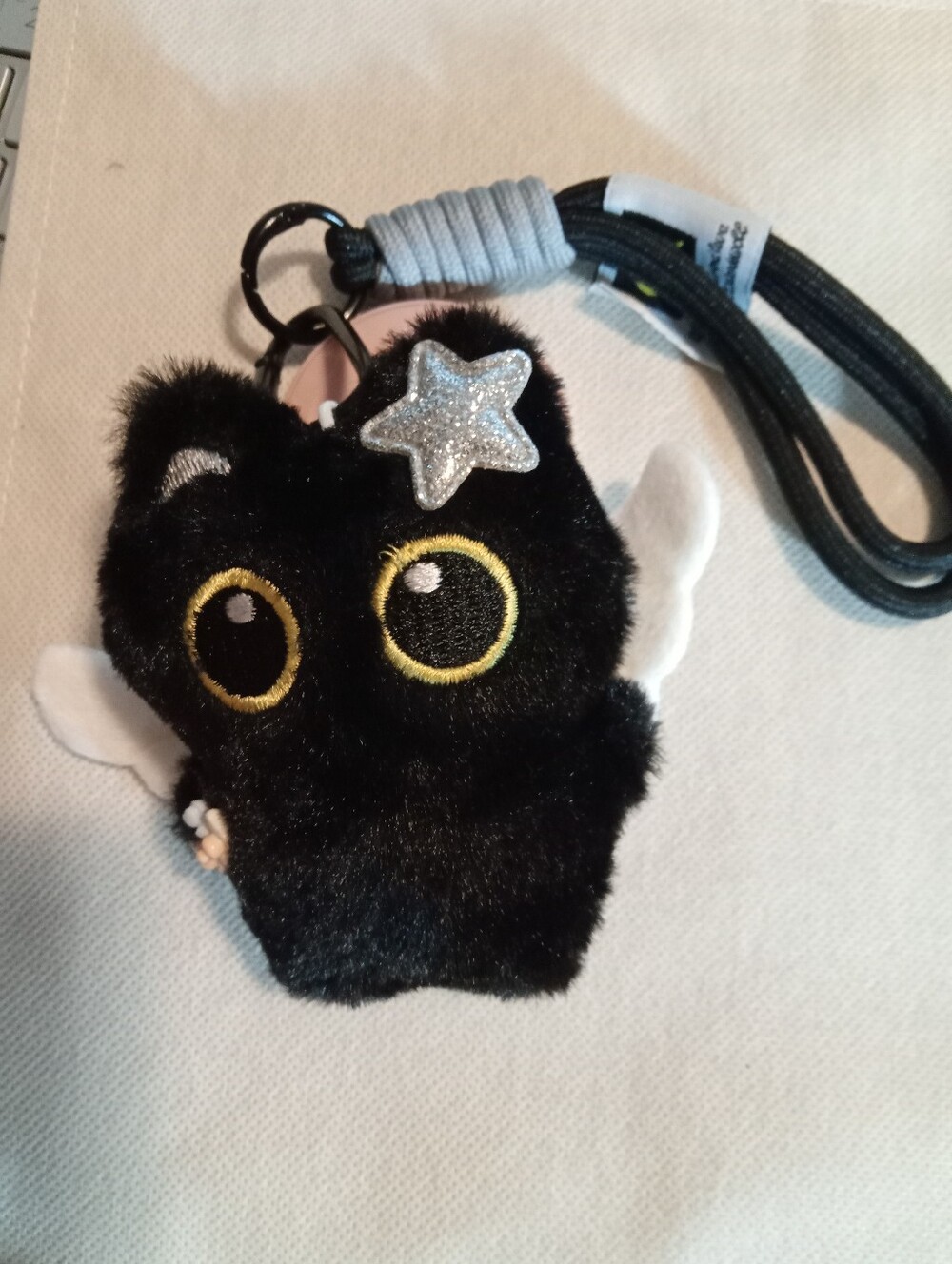 Black Fuzzy Star Cat Keychain Plush With Wings And Wand